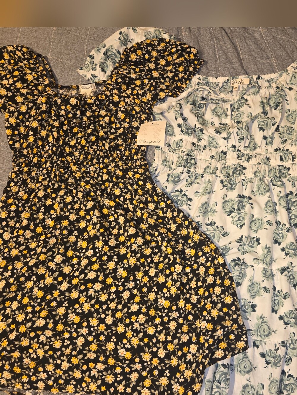 Medium White Sage Green Floral Dress & Small Black  Yellow Floral Dress